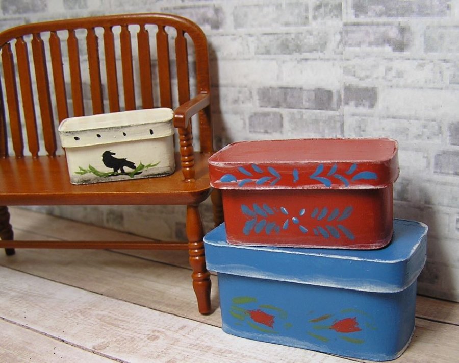 Boxes-3 painted with a Primitive Design - Click Image to Close