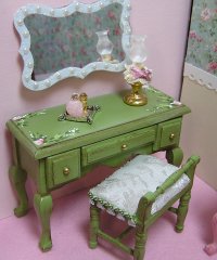 Vanity Antique Green with brocade stool and silver frame mirror